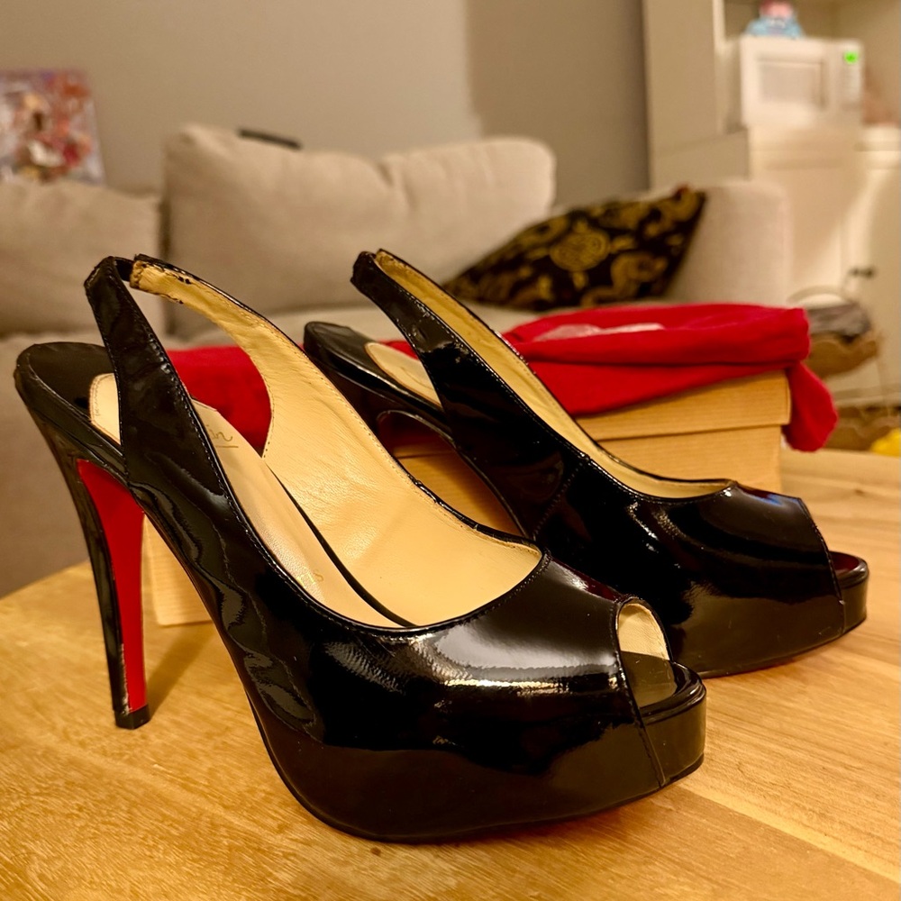 Christian Louboutin Elegant Black Peep-Toe Slingback Heels